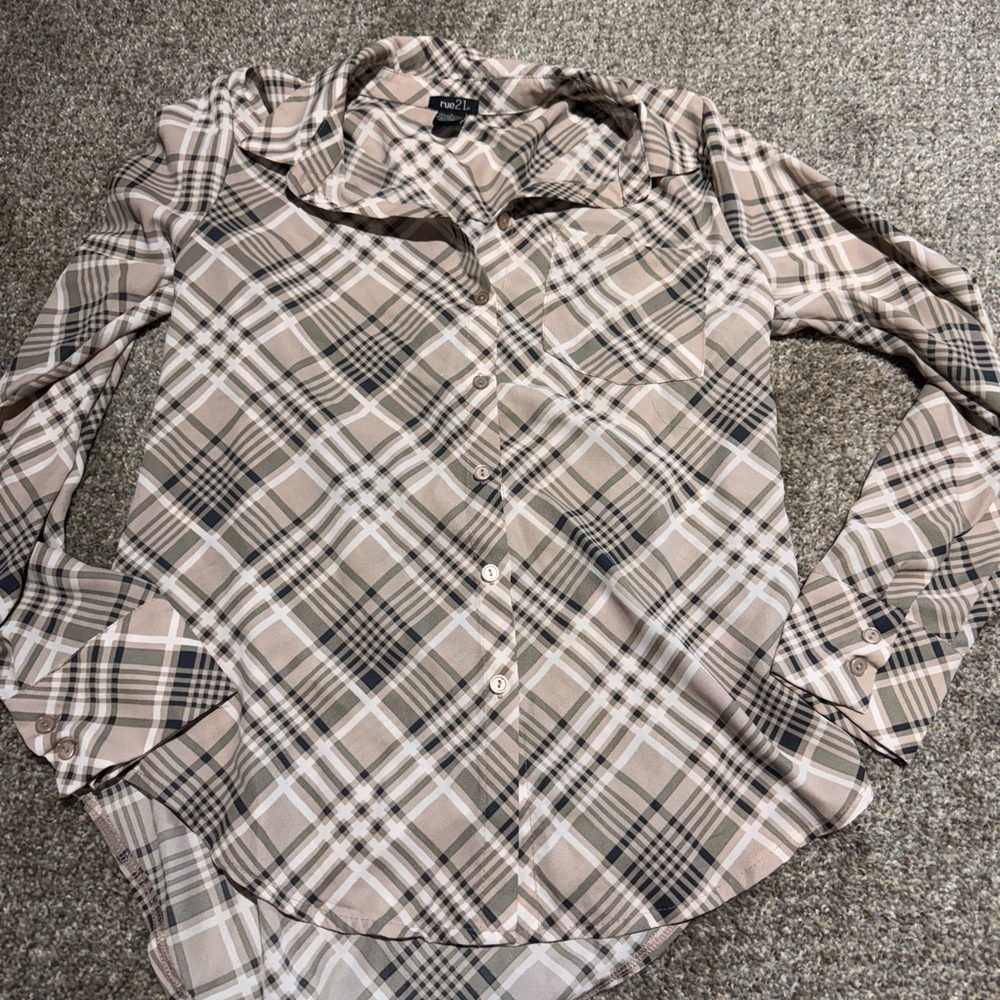 Rue21 Beige and Black Plaid Shirt